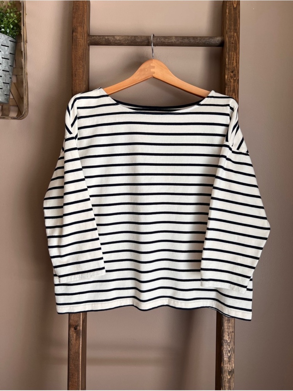 L.L. Bean White and Navy Striped Boatneck Top